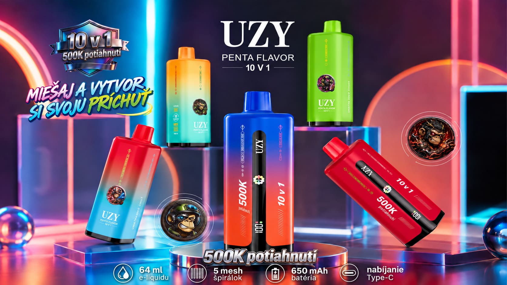 UZY 500K Penta Flavor 10 v 1 – nabíjateľné zariadenie s 10 režimami príchutí a až 500 000 potiahnutiami