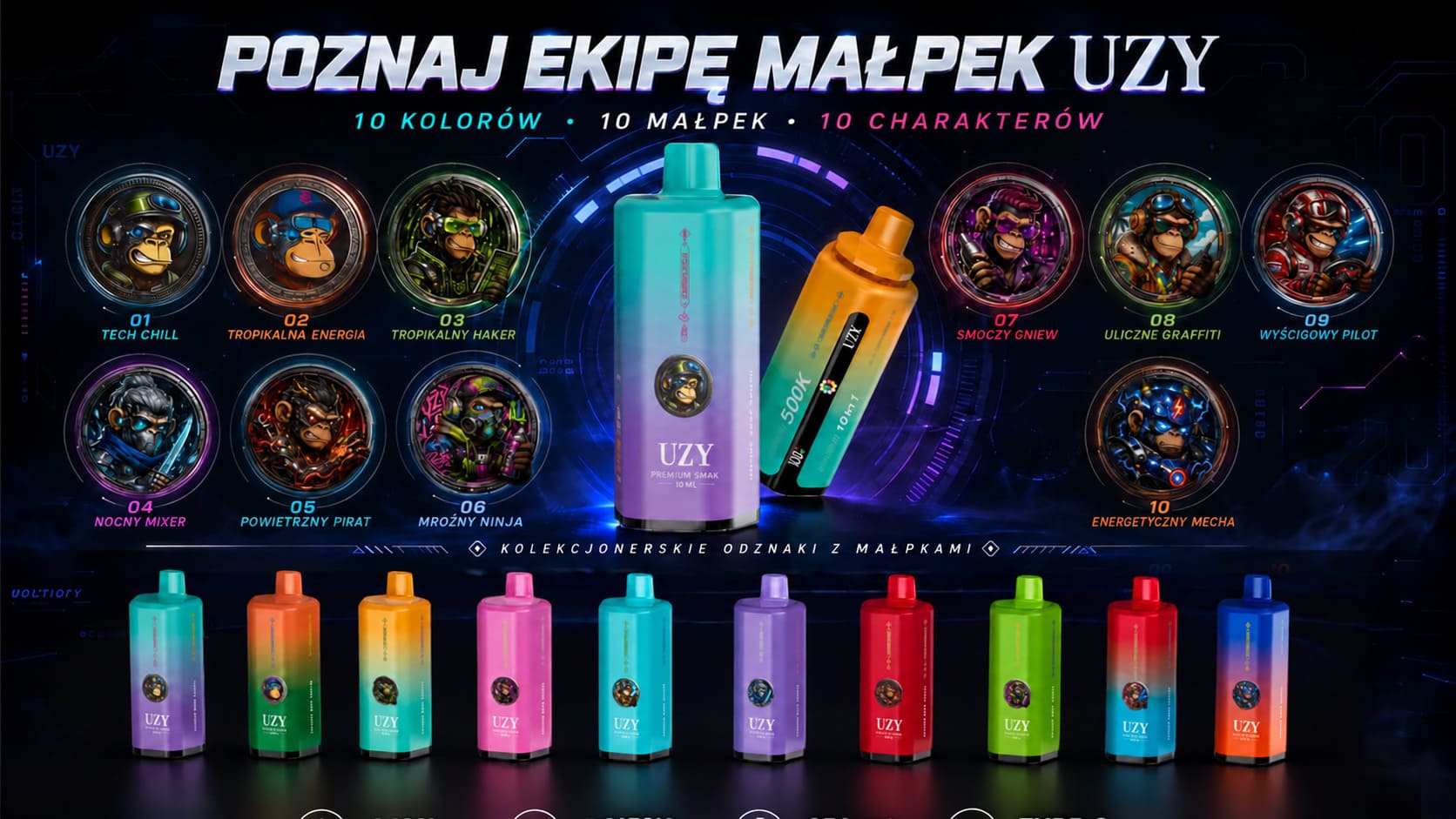 Kolekcja UZY Penta Flavor 10 w 1 – 10 kolorów, 10 małpek i kolekcjonerskie oznaczenia