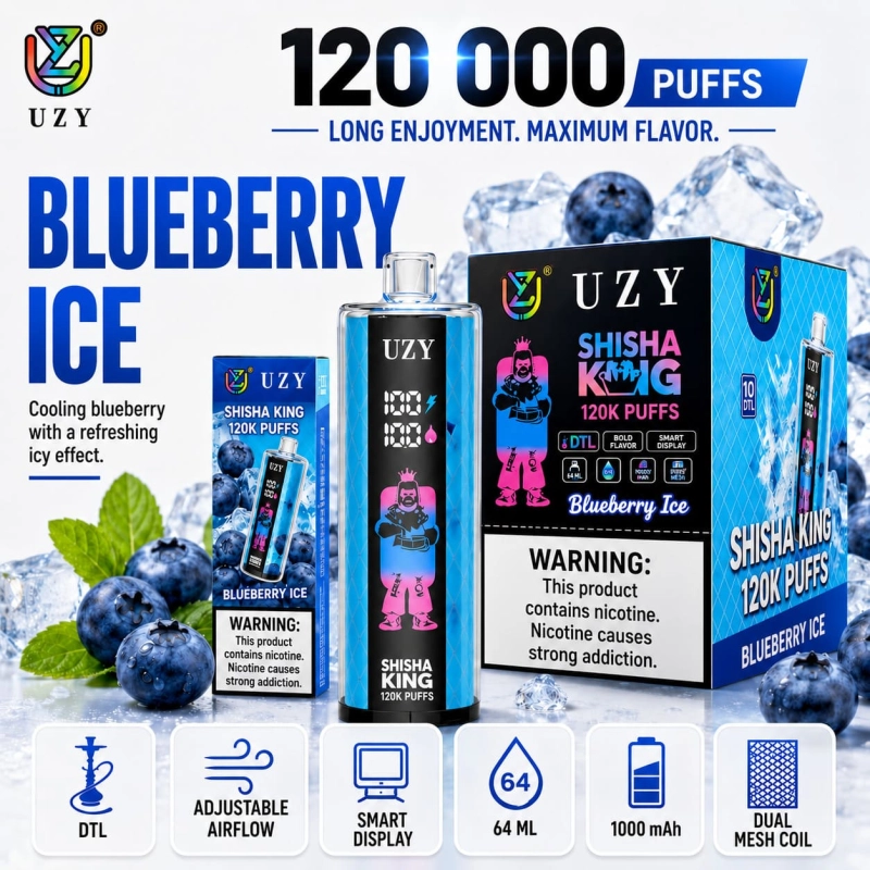 UZY Shisha Hookah King 120K Iced Blueberry Flavor DTL Vape with Fresh Blueberry Taste