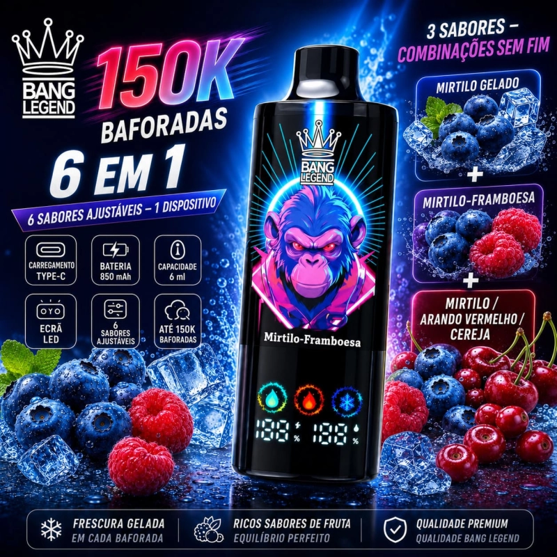 Vape 150K Trio de Mirtilo com mirtilo gelado, framboesa e mirtilo e frutos vermelhos, sabor intenso de frutos silvestres