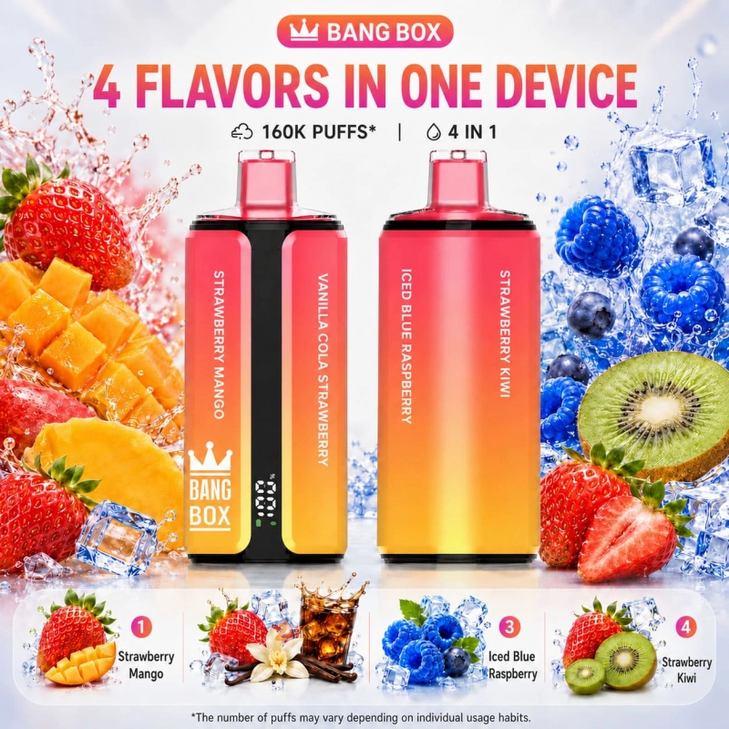 Bang Box 160K flavor set 08 with Mango Strawberry, Vanilla Cola, Iced Blue Razz and Strawberry Kiwi