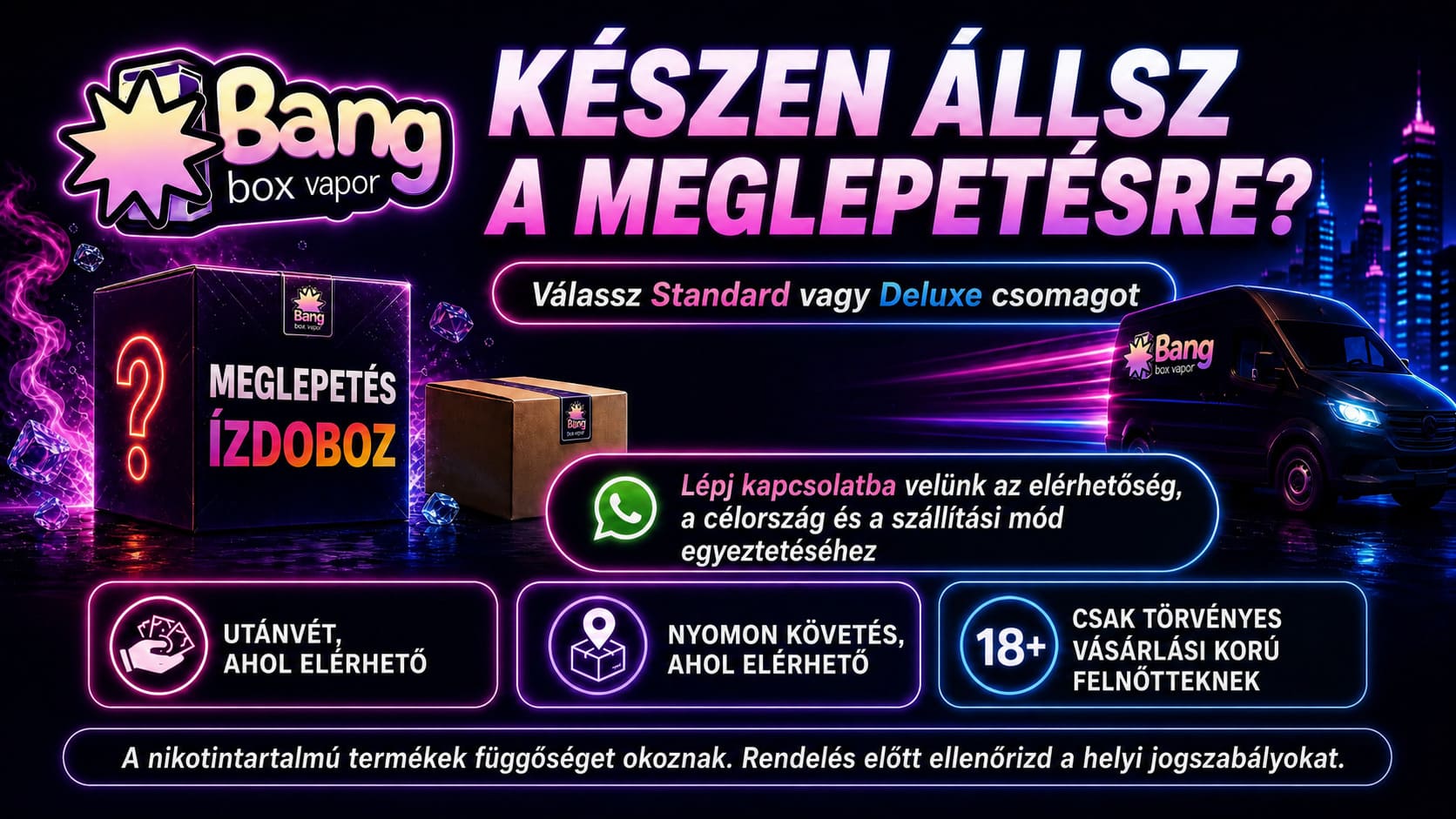 Bangbox-Vapor meglepetésdoboz rendelési információk Standard és Deluxe csomaggal, nyomkövetéssel és 18+ korhatárral