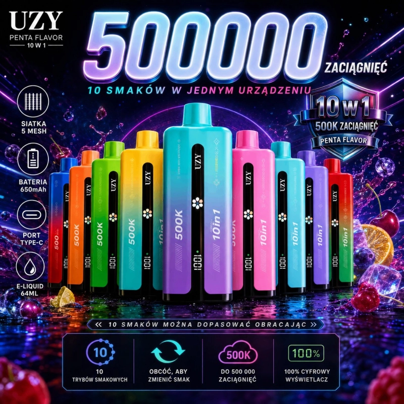 UZY Penta Flavor 10 w 1 500000 zaciągnięć Jednorazowy e-papieros, Wielokolorowy