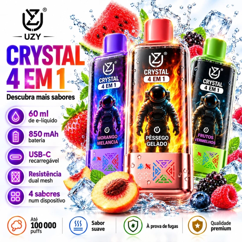 UZY Crystal 100.000 Puffs 4-em-1 vape descartável LED recarregável com quatro sabores e design moderno em Portugal