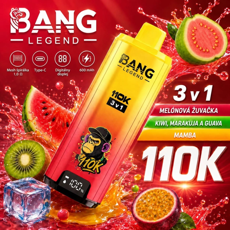 Bang Legend 110K Jednorazový Vape Melónová žuvačka kiwi marakuja guava Mamba
