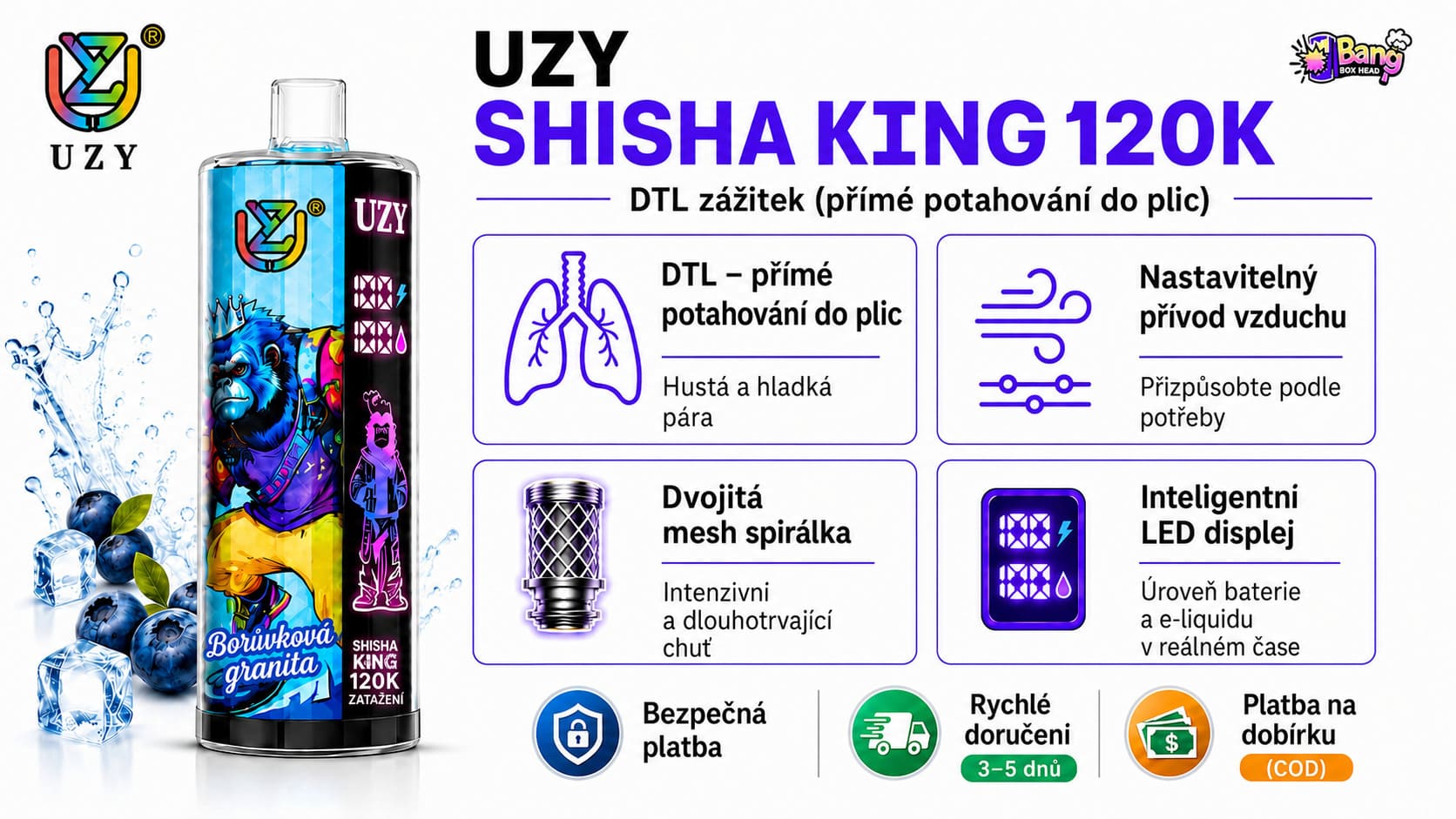 UZY Shisha King 120K DTL jednorázová vape 120 000 potahů – Borůvková granita