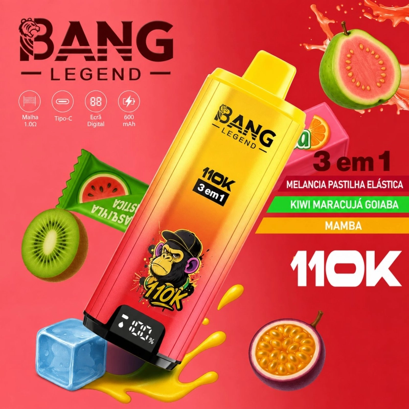 Bang Legend 3 em 1 110000 Puxadas Vape Descartável, Melancia Kiwi Maracujá