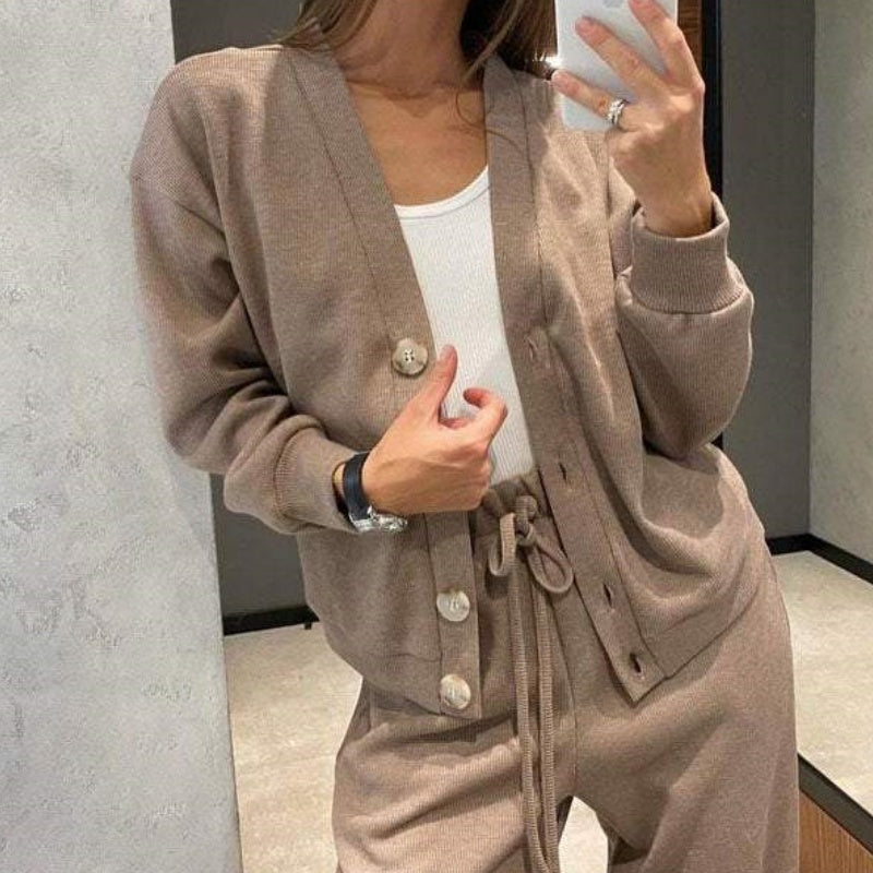 49% de desconto💥 Conjunto de casaco e calças de malha de duas peças para mulher com novo estilo outono