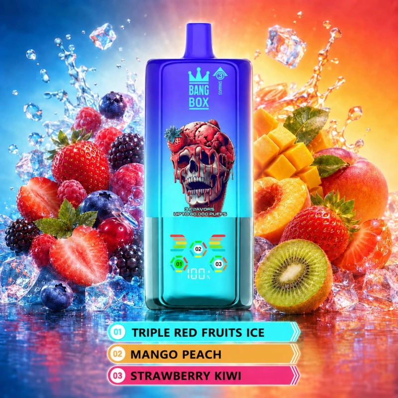 BangBox 80K 3-in-1 disposable vape with Triple Red Fruit Ice, Mango Peach and Strawberry Kiwi flavors