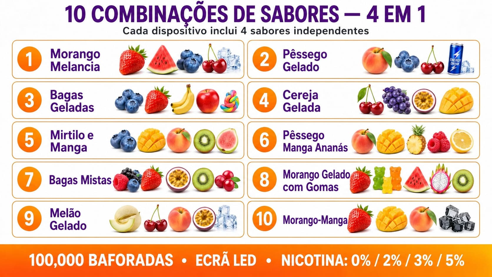 UZY 100K 4 em 1 com 10 combinações de sabores de fruta, gelados e doces