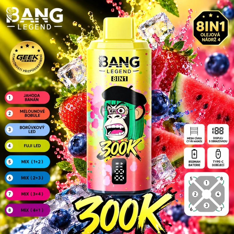 Tyrkysová BANG LEGEND 300K 8v1 s příchutěmi Vodní Meloun Dračí Ovoce, Jablko Hruška a Marakuja Kiwi Limeta