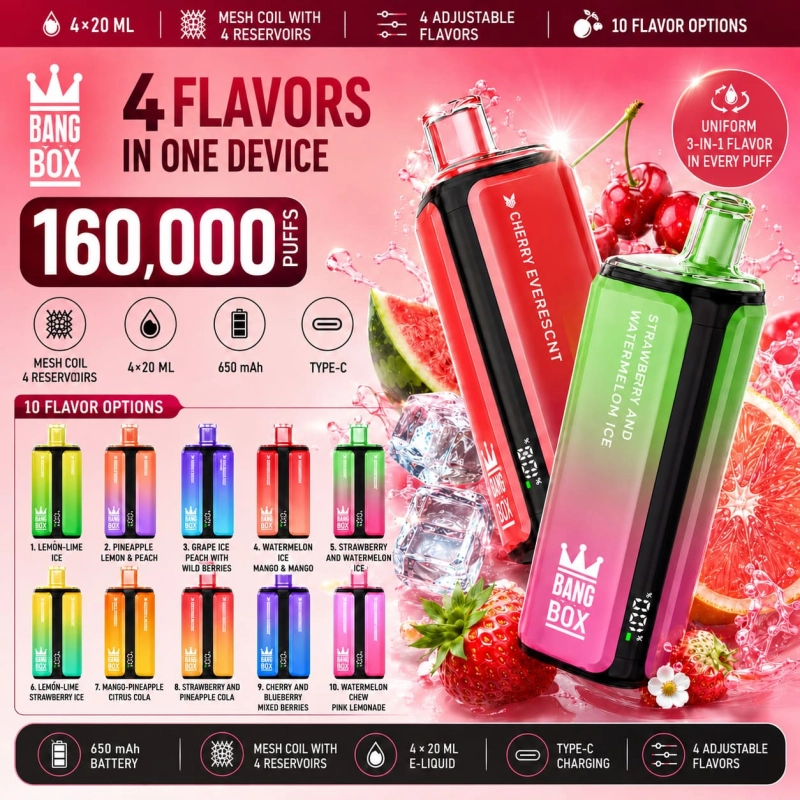 Bang Box 160K 4-in-1 disposable vape with 160,000 puffs, rechargeable battery and LED display