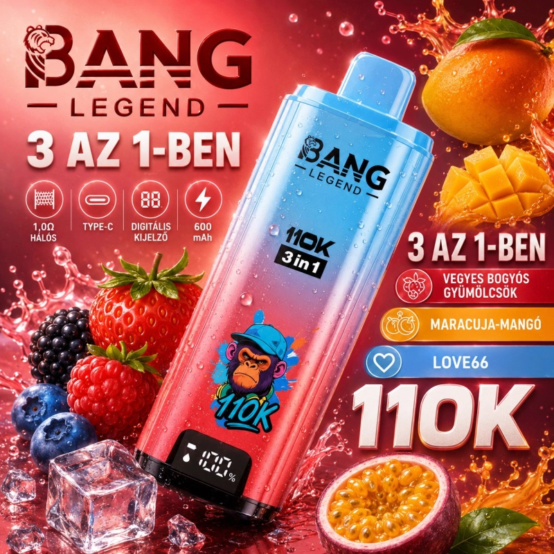Bang Legend 110000 eldobható e-cigaretta, 3 az 1-ben gyümölcsös ízek