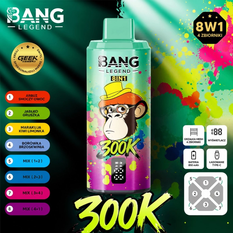 Bang Legend 8w1 300000 buchów jednorazowy e-papieros, zielony wielosmakowy