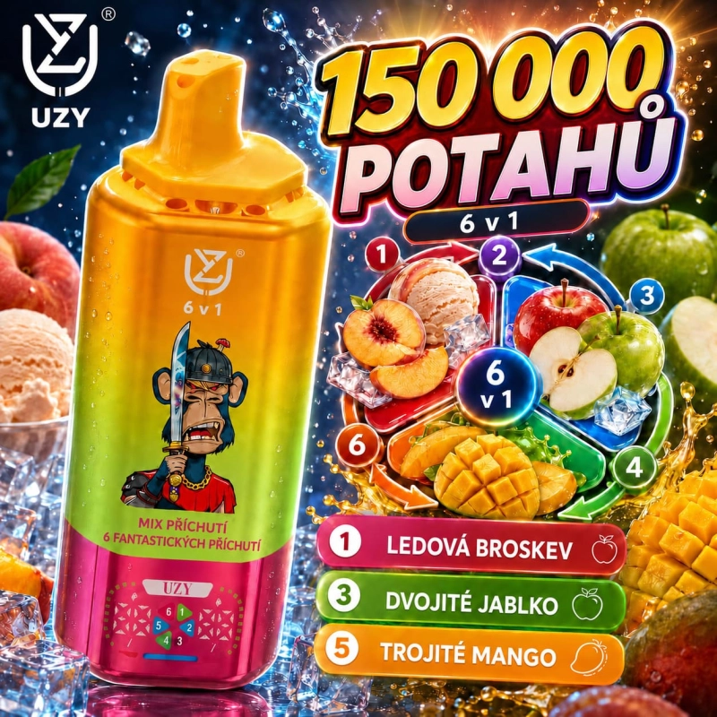 UZY 150K 6v1 jednorázová e-cigareta – Ledová broskev, Dvojité jablko, Trojité mango