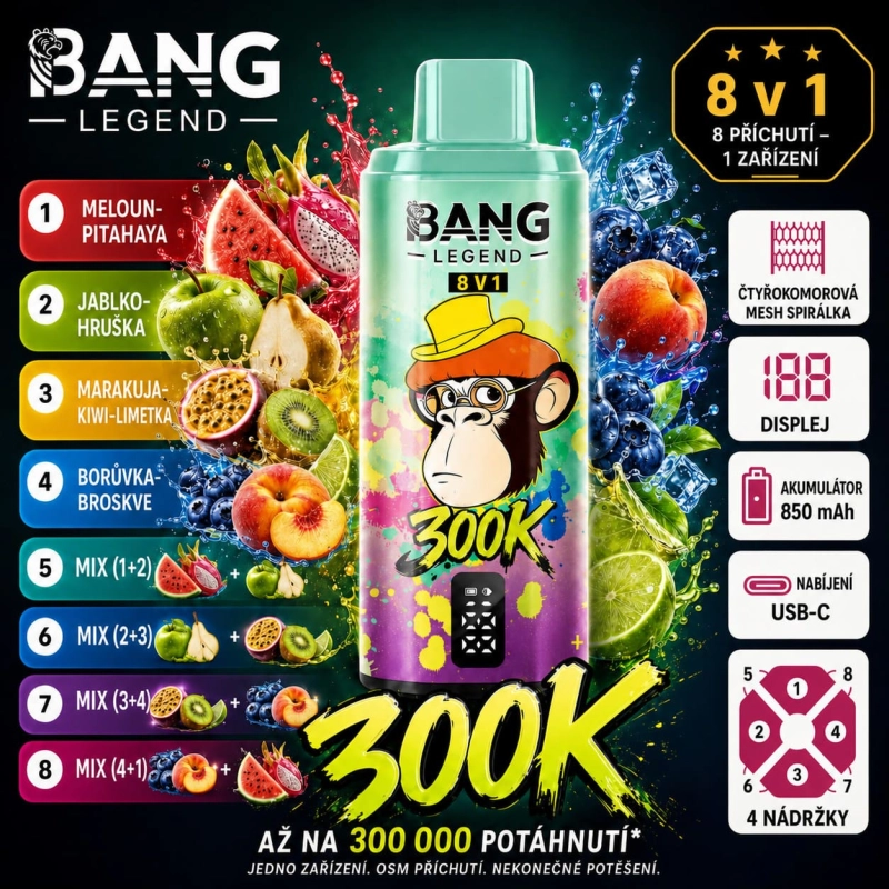 Bang Legend 300K 8 v 1 – gumoví medvídci, mix lesního ovoce, jahoda s vodním melounem a limetková romance