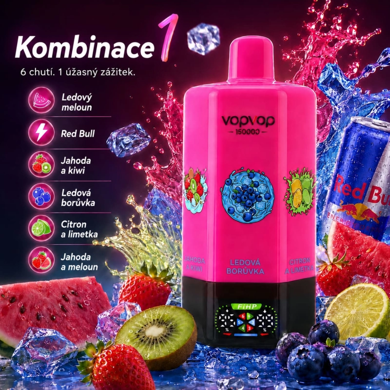 Melounový ledový, Red Bull, Jahoda Kiwi – kombinovaný 6 v 1 příchuťový systém VOPVOP