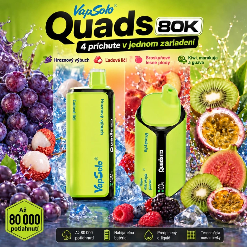 VapSolo Quads 80K 4 v 1 – hroznový výbuch, ľadové liči, broskyňové lesné plody a kiwi marakuja guava