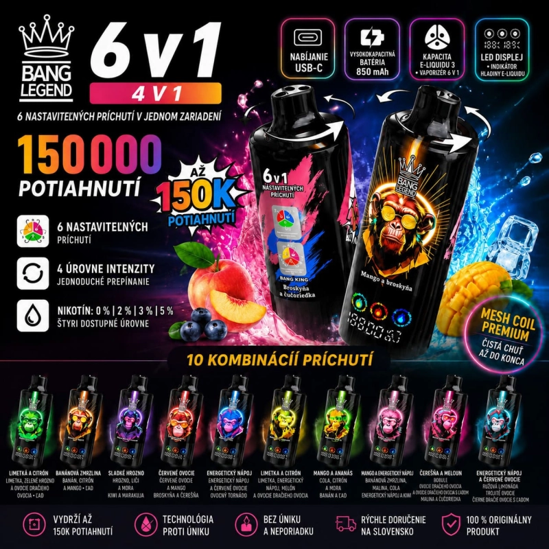 Bang Legend 150K 6v1 vape – 6 príchutí v jednom zariadení a až 150 000 potiahnutí