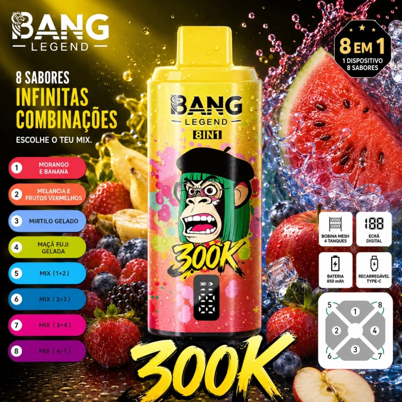 Bang Legend 8 IN 1 300000 Puffs Cigarro Eletrônico Descartável, 8 Sabores Mix de Frutas