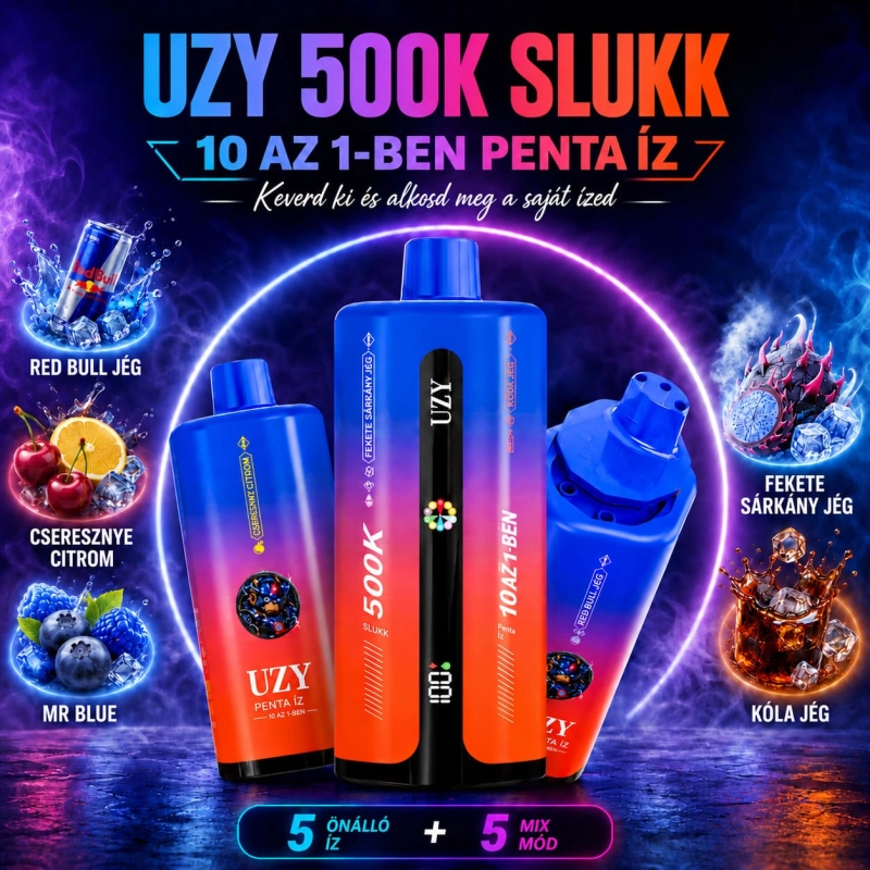 UZY 500K Penta Flavor 10 az 1-ben – Red Bull Ice, citrom-cseresznye, Mr Blue, Black Dragon Ice és jeges kóla