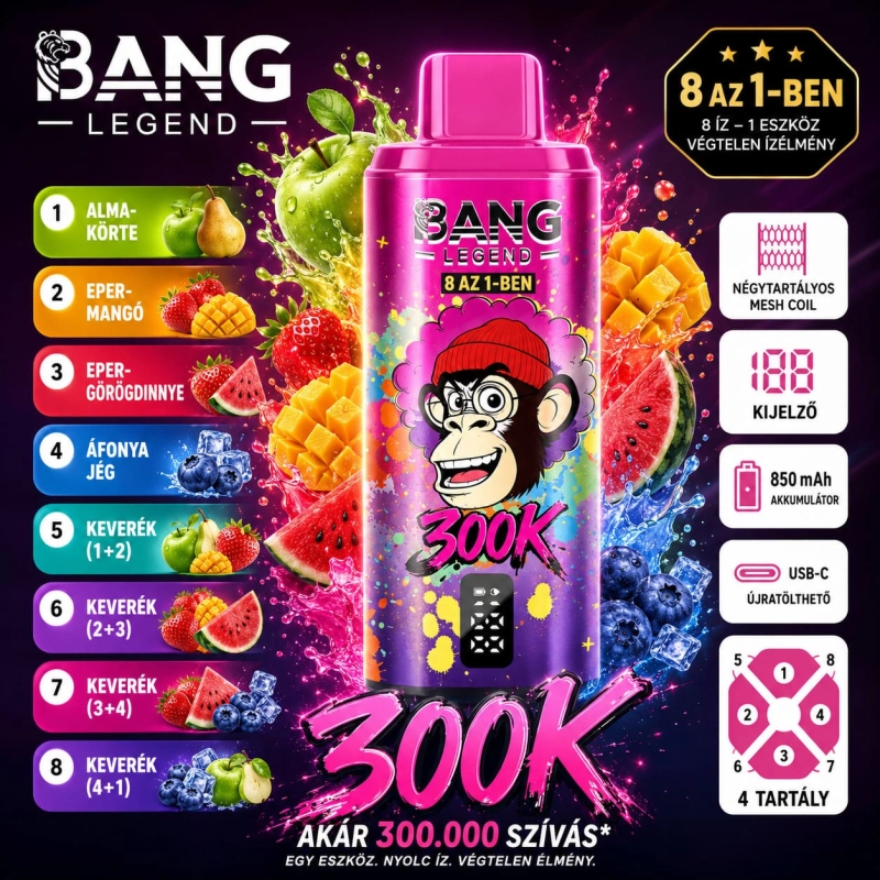 Bang Legend 8in1 300K alma körte eper mangó és áfonya fagylalt eldobható vape több íz kombináció