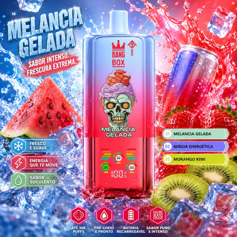 BANGBOX 80.000 puffs vape descartável 3-em-1 recarregável sabor melancia com bebida energética tipo Red Bull, morango com kiwi