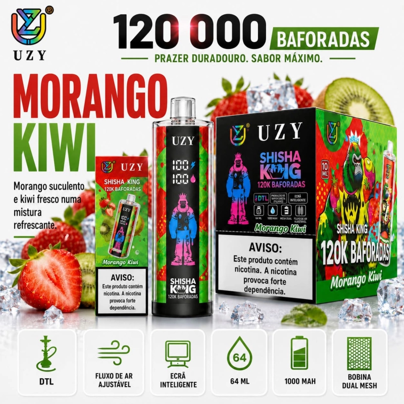 UZY Shisha King 120K sabor Morango e Kiwi com combinação frutada fresca