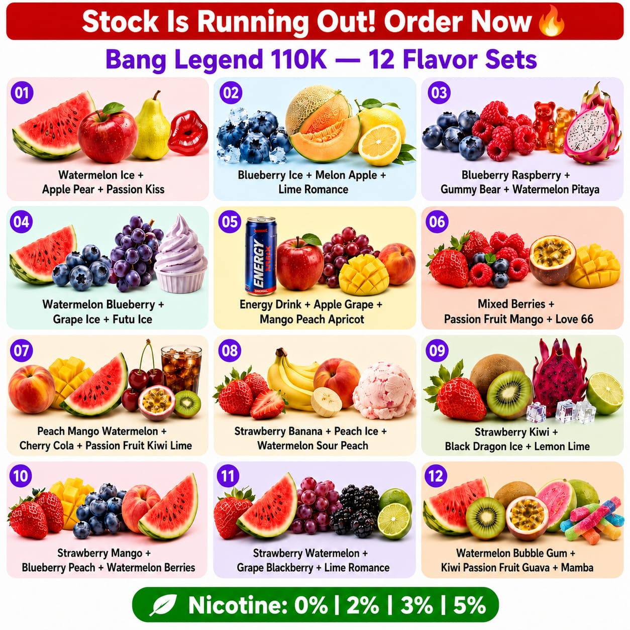 Bang Legend 110K 3-in-1 disposable vape with 12 fruit, ice and drink flavor combinations