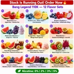 Bang Legend 110K 3-in-1 disposable vape with 12 fruit and ice flavor combinations