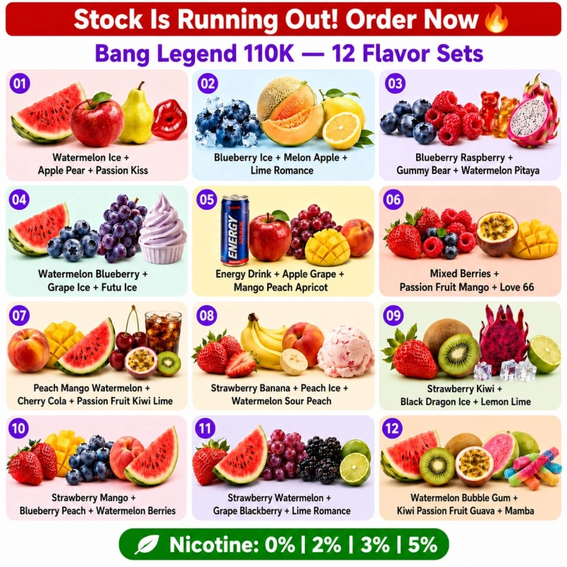 Bang Legend 110K 3-in-1 disposable vape with 12 fruit and ice flavor combinations