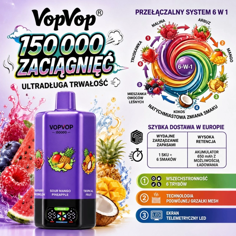 VopVop 150000 150000 zaciągnięć jednorazowy e-papieros, 6 owocowych smaków