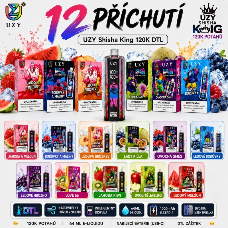 UZY Shisha Hookah King 120K jednorázové vape různé příchutě