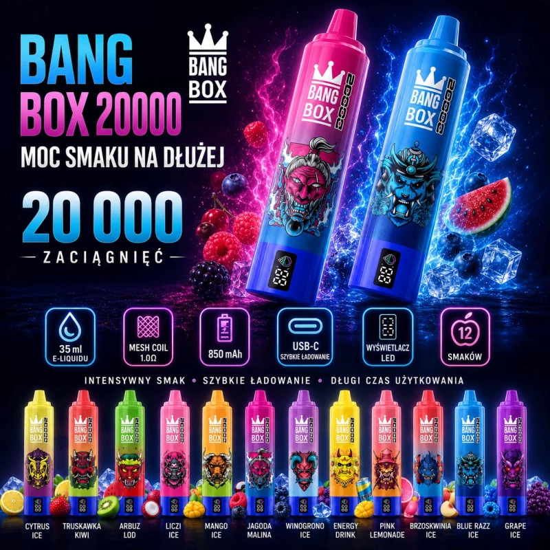 Bang Box 20000 20000 zaciągnięć jednorazowy e-papieros, różne smaki owocowe