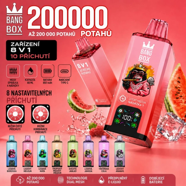 Bang Box 200K 8 v 1 – jednorázová e-cigareta s 8 příchutěmi v jednom zařízení