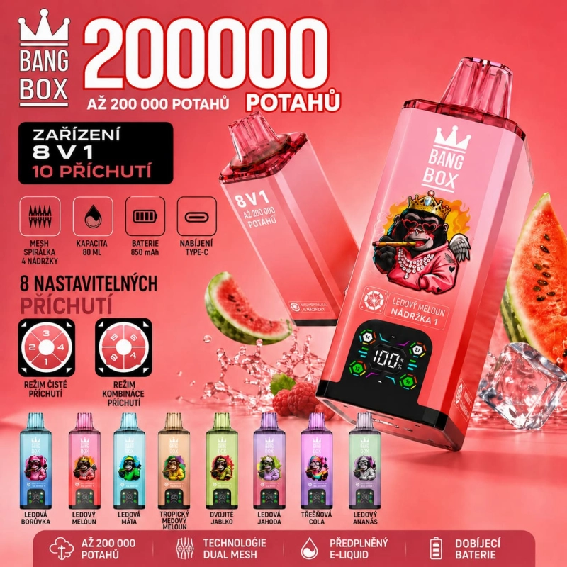 Bang Box 200K 8 v 1 jednorázová e-cigareta – 200 000 potahů, 10 příchutí v jednom zařízení, nabíjecí baterie, USB-C