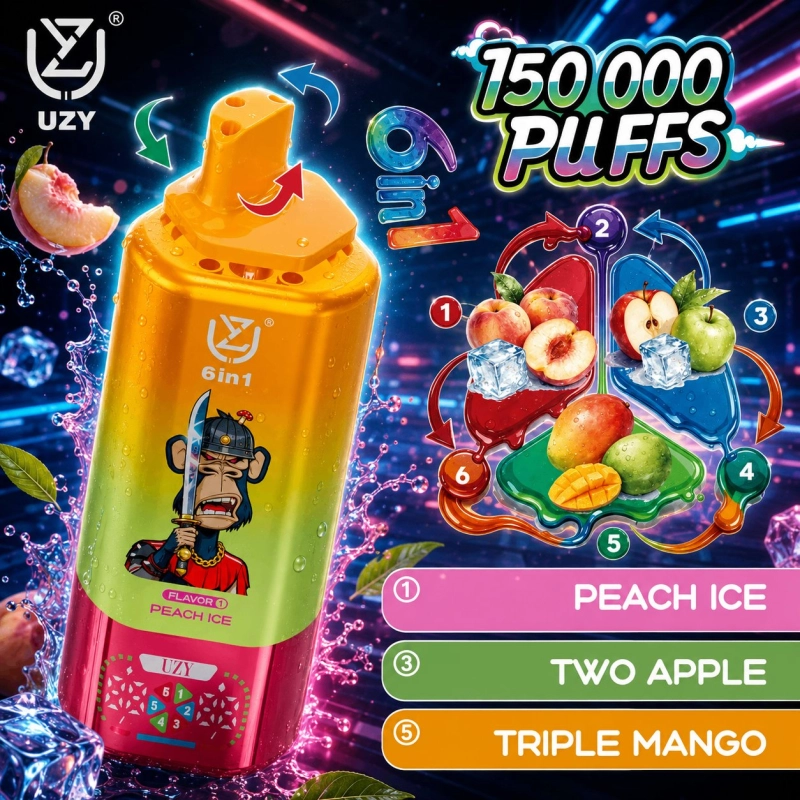 UZY 6 in 1 150000 Puffs Disposable Vape, Peach Ice Two Apple Triple Mango