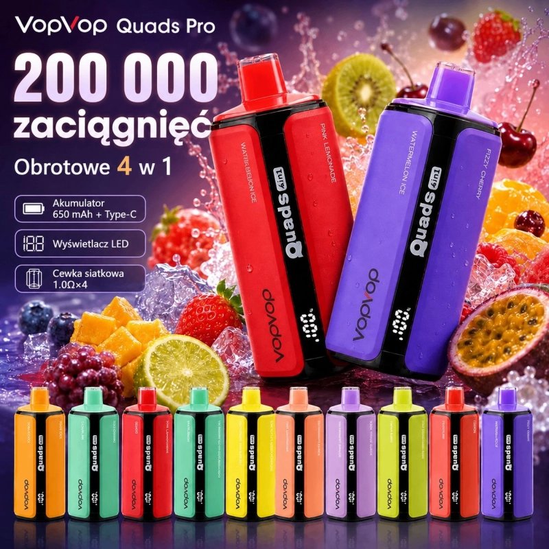 VopVop Quads Pro 200000 zaciągnięć Jednorazowy E-papieros, Wielokolorowe smaki