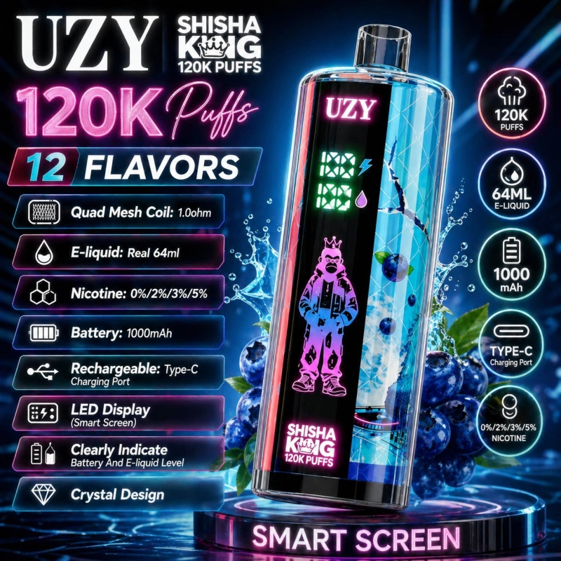 Packaging of UZY Shisha King 120k Puffs Disposable Vape, Blueberry