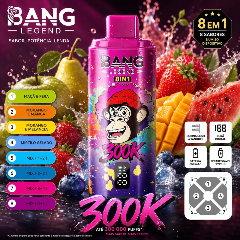 Bang Legend 8 in 1 300000 Puffs Vape Descartável, 8 Sabores de Frutas Roxo