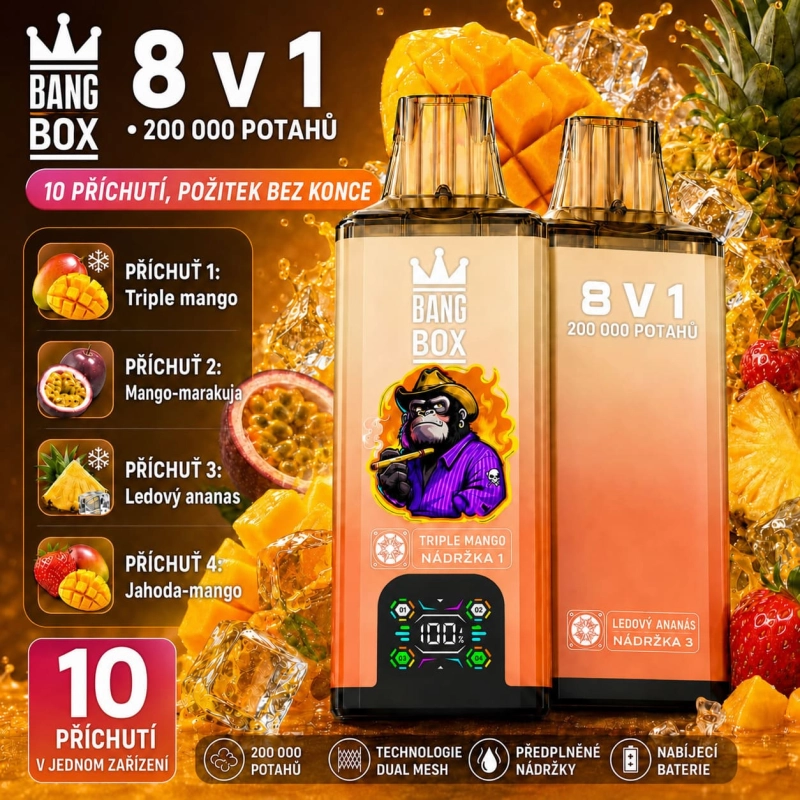 Bang Box 200K 8 v 1 Mango mix – Triple Mango, mango s marakujou, ledový ananas a jahoda s mangem