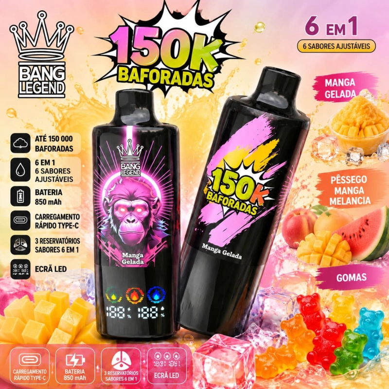 Vape 150K sabor Tropical de Manga com manga gelada, pêssego e melancia e gomas, aroma tropical intenso