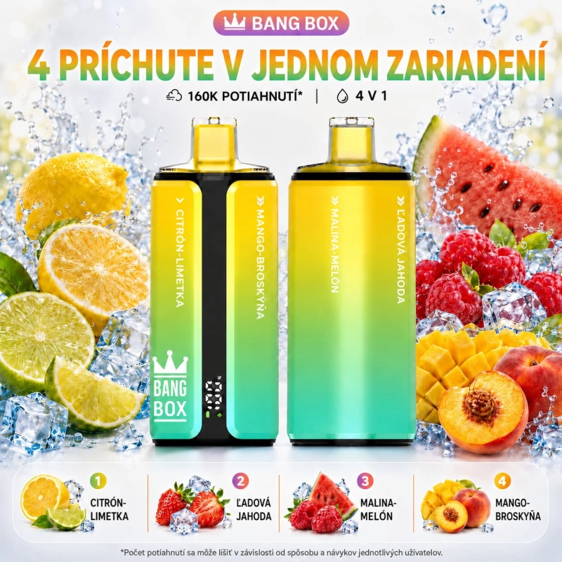 Bang Box 4 v 1 – kombinácia príchutí Citrón-limetka, Ľadová jahoda, Malina-vodný melón, Mango-broskyňa