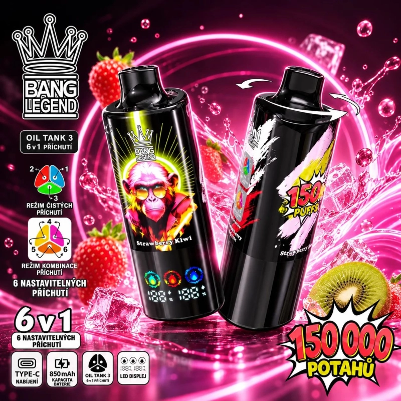 Růžová jednorázová vape BANG LEGEND 150K 6v1 s příchutěmi Peach Mango Watermelon a Mango Ice