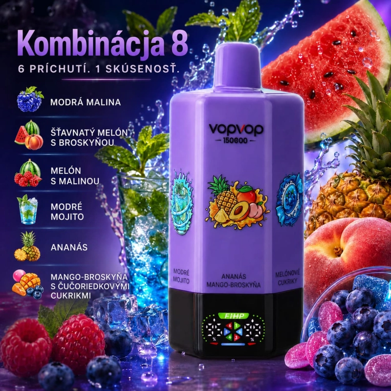 VOPVOP 150K 6 v 1 Kombinácia 8 – modrá malina, kyslý melón s broskyňou, melón s malinou, modré mojito, ananás a mango s broskyňou a čučoriedkovými cukríkmi