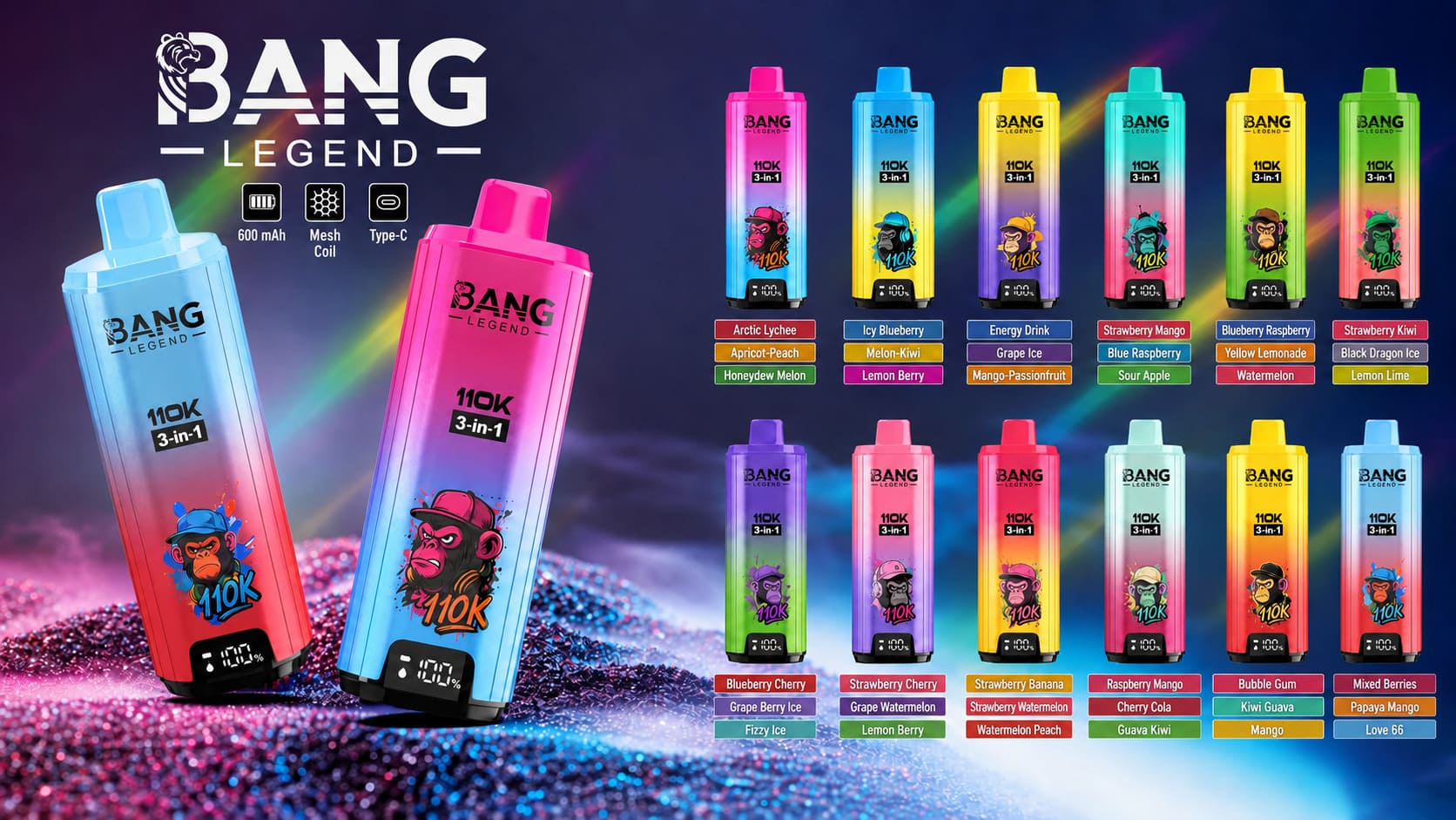 Bang Legend 110K 3-in-1 disposable vape collection with 12 flavor combinations, 600 mAh battery and Type-C charging