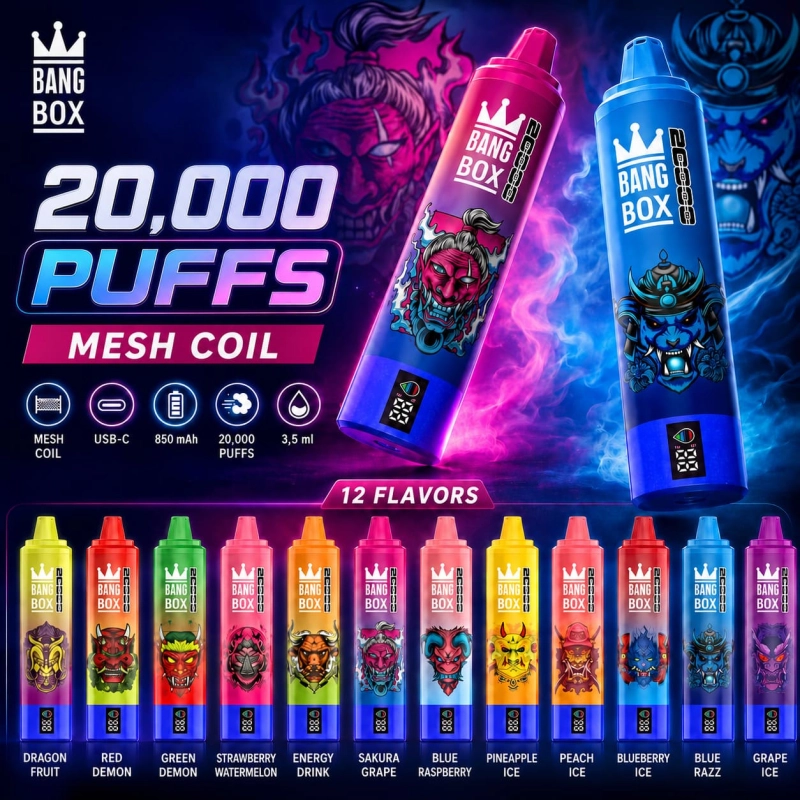 Bang Box 20000 Puffs rechargeable vape with Mesh Coil, USB-C charging, 850 mAh battery and 12 flavor options