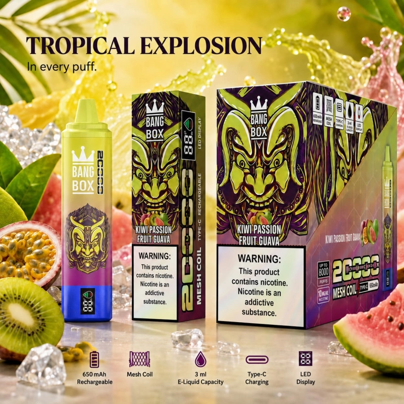 Bang Box 20000 Puffs rechargeable vape in Kiwi Passion Fruit Guava tropical fruit flavor