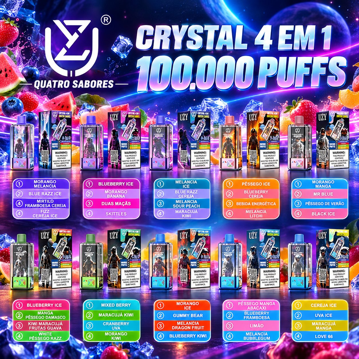 UZY Crystal 100.000 Puffs 4-em-1 vape descartável com sabores gelado de pêssego e mirtilos, cerejas, bebida energética e melão-líchia