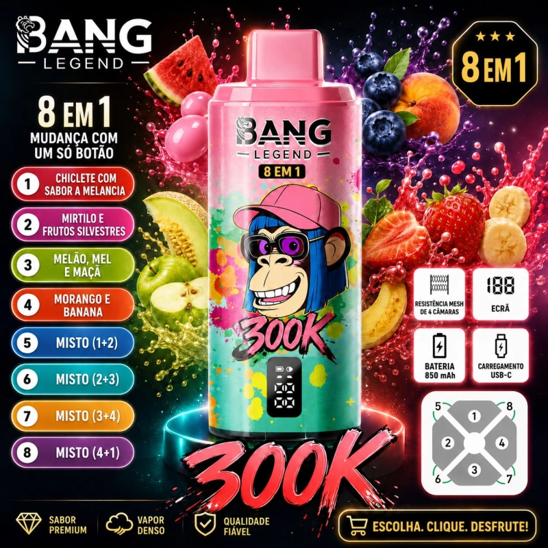 Bang Legend 300K 8 em 1 com Melancia, Pastilha Elástica, Pêssego, Gelo de Fruta, Melão, Maçã e Morango com Banana